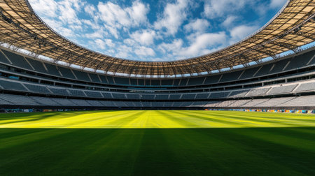A stunning wide shot of a large sports arena, with empty seats stretching up towards the sky and a pristine field in the center.の素材