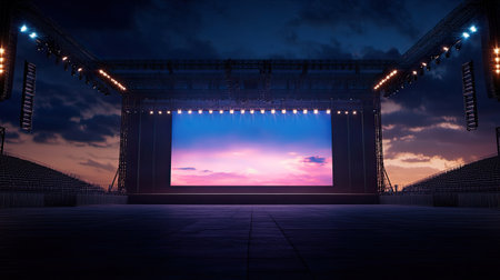A large open-air arena with a stage, seating, and a massive screen waiting for a major event.の素材
