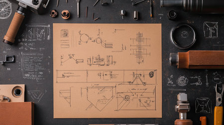 Flat lay of a steel workbench with a mechanical prototype and engineering notes.の素材