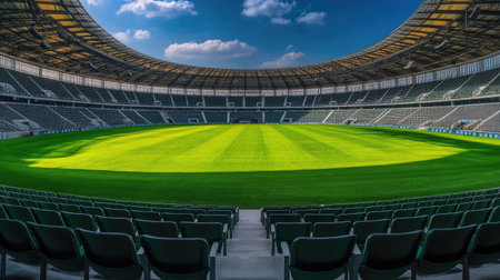 A wide-angle shot of a grand sports arena, with empty seats and a lush green field ready for the game.の素材
