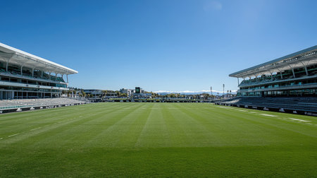 A vast outdoor arena, with clear blue skies and a massive field, awaiting the start of an outdoor sporting event.の素材
