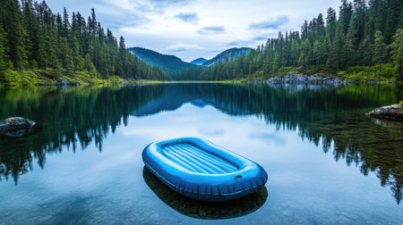 A peaceful lakeside view with an air mattress resting on the calm water, reflecting the beautiful surroundings.の素材