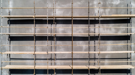 Flat lay of a construction site scaffolding grid with strong shadows and metallic framework details.の素材