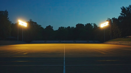 A wide, empty sports arena with large bleachers, illuminated by bright lights, and a pristine field ready for a game.の素材