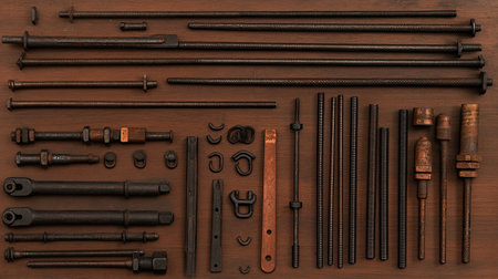 Flat lay of construction scaffolding tools, including bolts and support brackets.の素材