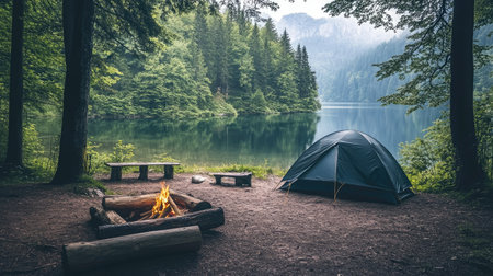 A peaceful lakeside camping spot with a tent pitched near the water, a campfire pit, and a few wooden logs.の素材