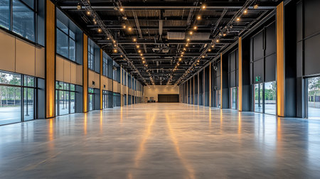 A vast indoor arena with high ceilings and a large open floor area, ready for a variety of events.の素材