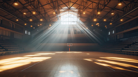 A wide-angle shot of a professional indoor arena, with sleek bleachers and high-end lighting casting shadows over the court.の素材