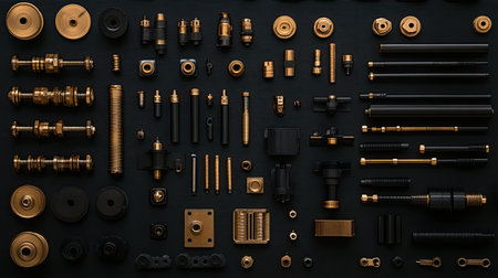 Flat lay of construction scaffolding clamps, joints, and connectors on a dark surface.の素材