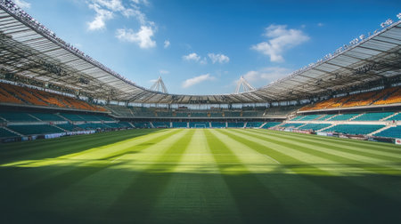 A wide-angle shot of a grand sports arena, with empty seats and a lush green field ready for the game.の素材
