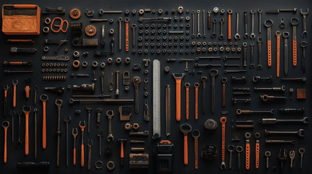 Flat lay of industrial engineering equipment, including wrenches, nuts, and bolts.の素材