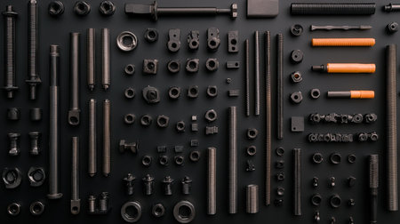 Flat lay of construction scaffolding tools, including bolts and support brackets.の素材