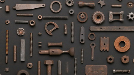 Flat lay of scaffolding assembly parts, including nuts, bolts, and fasteners.の素材
