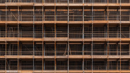 Flat lay of scaffolding braces and locking mechanisms forming a precise engineering pattern.の素材