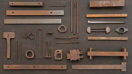 Flat lay of construction scaffolding clamps, joints, and connectors on a dark surface.の素材