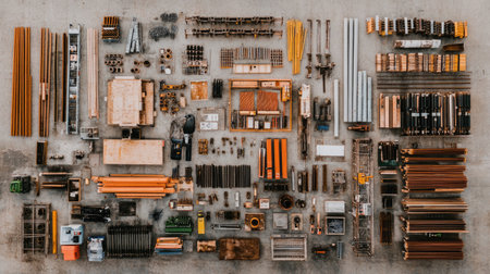 Flat lay of an assortment of scaffolding braces and structural supports on concrete.の素材