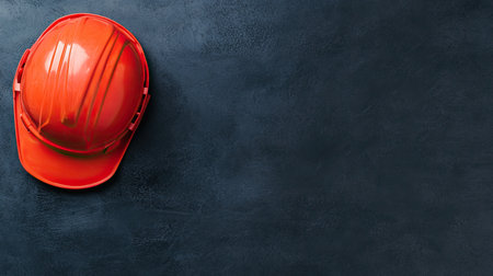 Flat lay of a red construction helmet on a dark, scratched steel surface with space for text.の素材