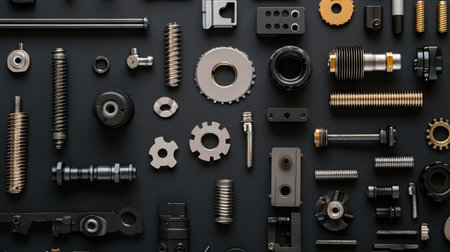 Flat lay of engineering and mechanical parts displayed on a dark background.の素材