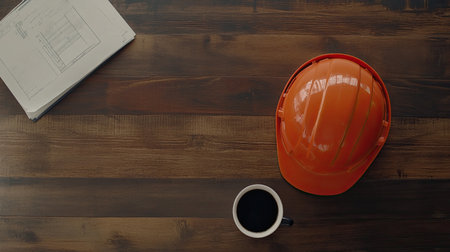 Flat lay of an orange hard hat placed next to a cup of coffee on a contractor's desk.の素材