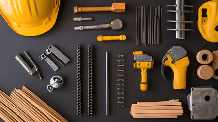 Flat lay of construction scaffolding clamps, joints, and connectors on a dark surface.の素材