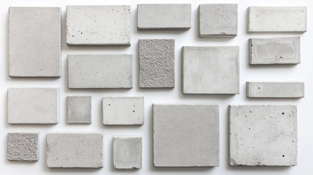 Flat lay of concrete bricks arranged neatly, showcasing construction materials in an orderly fashion.の素材
