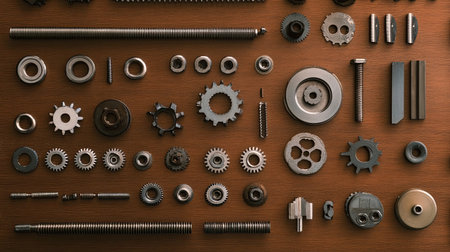 Flat lay of scaffolding components arranged to highlight their mechanical precision.の素材