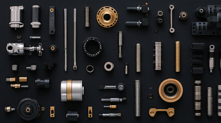 Flat lay of engineering and mechanical parts displayed on a dark background.の素材
