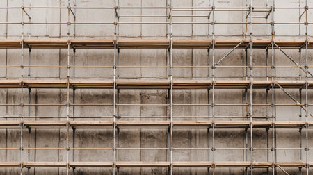 Flat lay of a metal scaffolding framework with beams extending outward.の素材