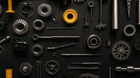 Flat lay of metallic gears and mechanical tools carefully placed on an industrial workbench.の素材