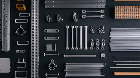 Flat lay of metallic scaffolding clamps and crossbars scattered across a table.の素材