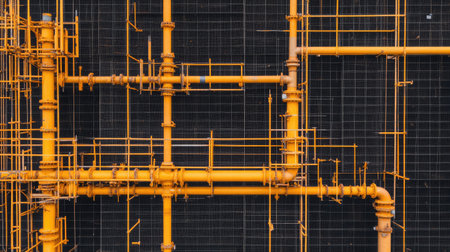 Flat lay of scaffolding braces and locking mechanisms forming a precise engineering pattern.の素材