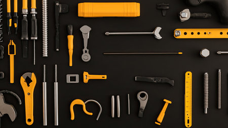 Flat lay of construction scaffolding clamps, joints, and connectors on a dark surface.の素材