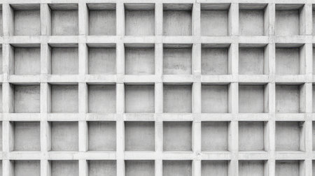 Flat lay of exposed concrete panels with grid-like structure, perfect for brutalist architecture themes.の素材
