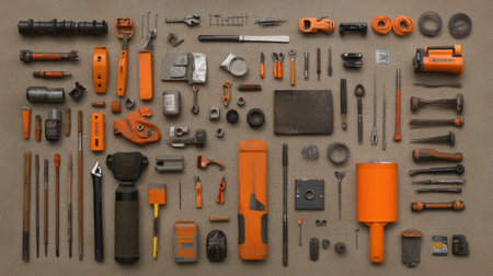 Flat lay of construction site tools and engineering designs arranged on a textured surface.の素材