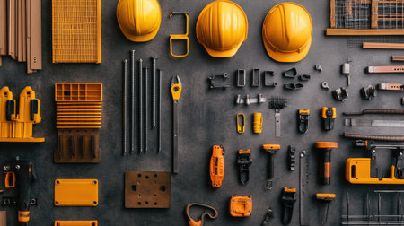 Flat lay of scaffolding safety components, including clamps and brackets.の素材