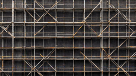 Flat lay of scaffolding cross beams and metallic joints forming an abstract industrial composition.の素材