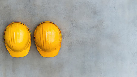 Flat lay of three yellow hard hats placed side by side on a metallic surface with copy space.の素材