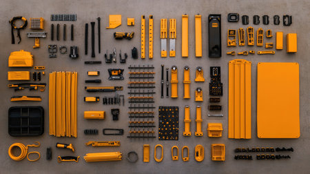 Flat lay of scaffolding components, including clamps, beams, and planks, arranged neatly on a concrete surface.の素材
