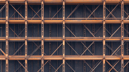 Flat lay of scaffolding cross beams and metallic joints forming an abstract industrial composition.の素材