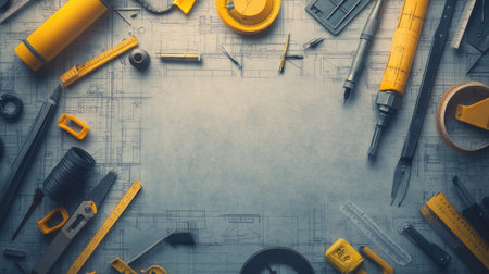 Minimalist workspace with architectural tools, scale rulers, and a protractor placed neatly on a blueprint background.の素材