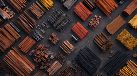 Top-down view of scaffolding materials neatly arranged on a factory floor.の素材