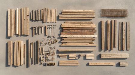 Flat lay of scaffolding components, including clamps, beams, and planks, arranged neatly on a concrete surface.の素材