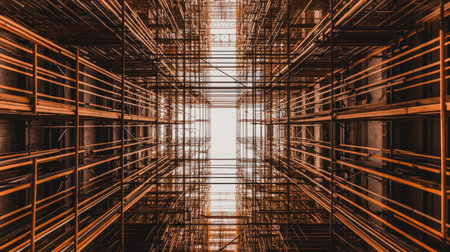 Top-down view of an intricate scaffolding system with metal poles and safety railings, forming an urban construction aesthetic.の素材