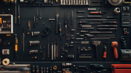Top-down view of a precision toolset for engineers, placed on a metal surface.の素材