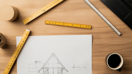 Top view of an architect's workspace with drafting paper, a triangle ruler, and a coffee cup.の素材