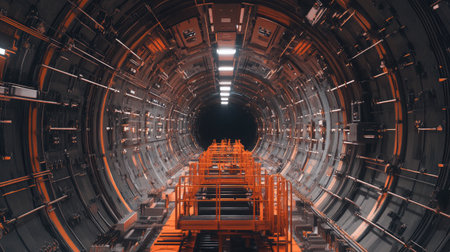 Top-down view of scaffolding reinforcement structures in a subway tunnel under construction.の素材