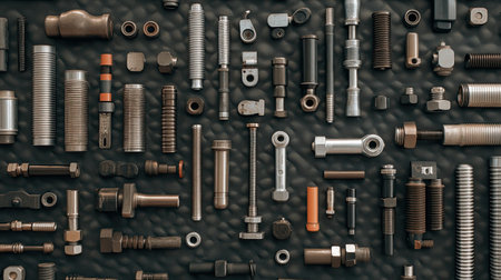 Flat lay of various scaffold couplers and clamps placed neatly on a textured surface.の素材