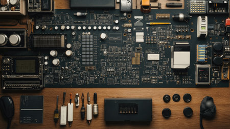 Top-down view of a workbench with circuit board diagrams and electronic components.の素材
