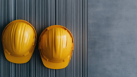 Flat lay of three yellow hard hats placed side by side on a metallic surface with copy space.の素材