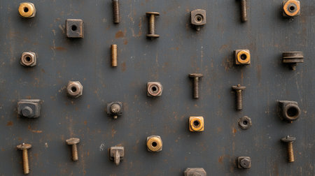 Flat lay of scaffolding joints and bolts placed on a metal surface, highlighting construction engineering details.の素材